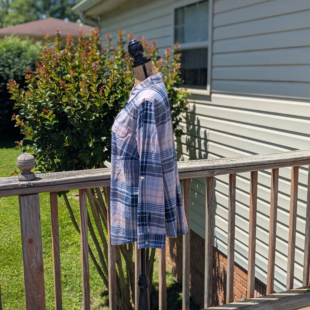 St. Johns Bay Blue & Pink Plaid Button Down Shirt - Picture 3 of 5